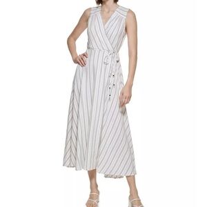 Calvin Klein Faux-Wrap White/Gray Striped Sleeveless Maxi NWT Size 10